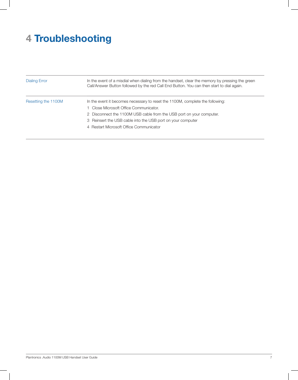 4troubleshooting | Plantronics Audio 1100M User Manual | Page 7 / 8