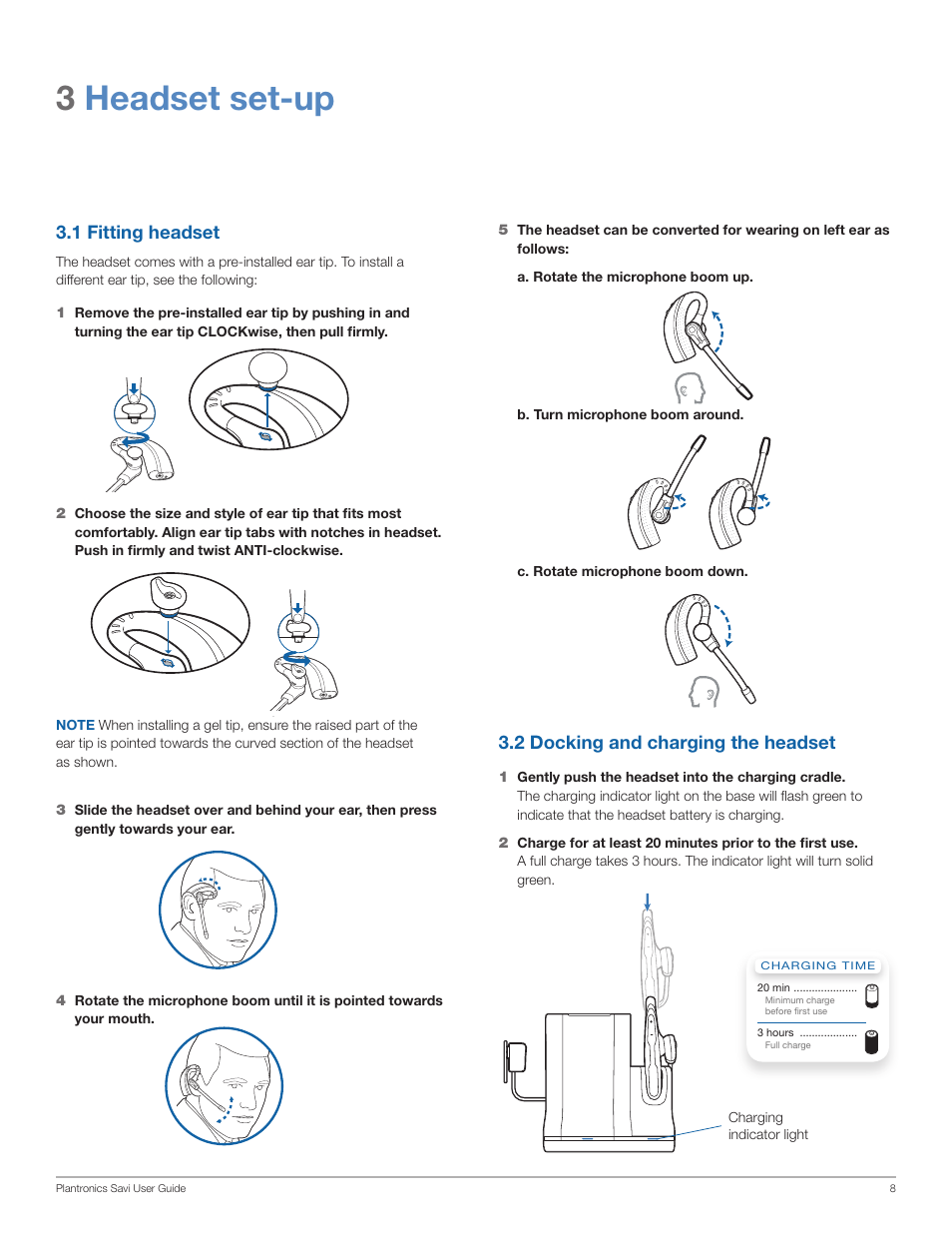 3headset set-up, 1 fitting headset, 2 docking and charging the headset | Plantronics Savi Office WO201 User Manual | Page 8 / 25