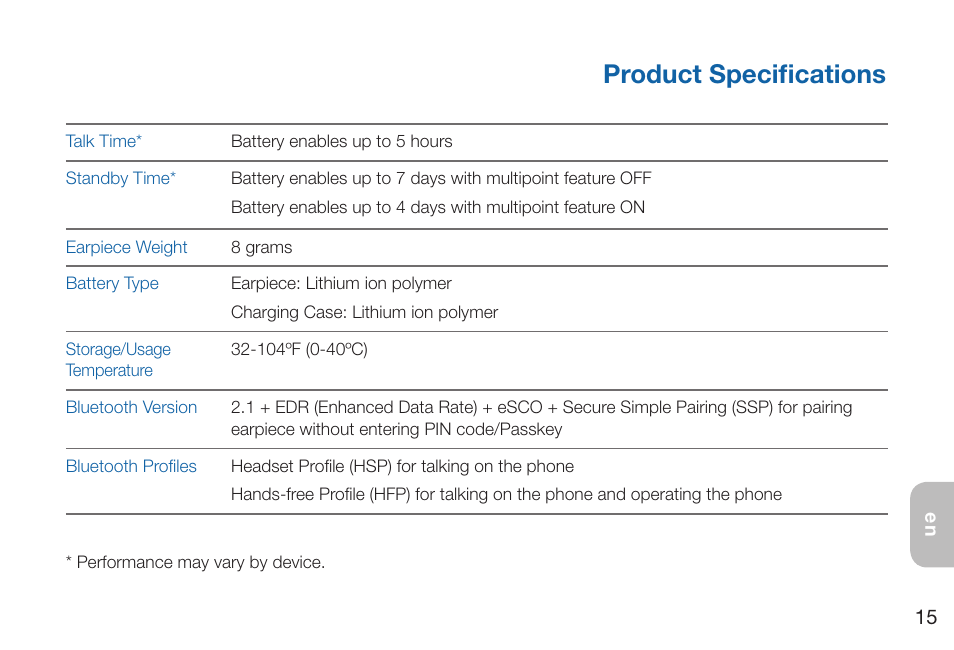 Product specifications | Plantronics Discovery 975 User Manual | Page 19 / 21