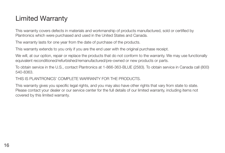 Limited warranty | Plantronics Discovery 975 User Manual | Page 20 / 21