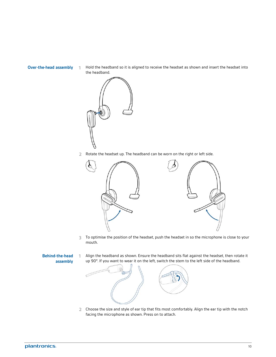 Over-the-head assembly, Behind-the-head assembly | Plantronics Savi W745 User Manual | Page 10 / 38