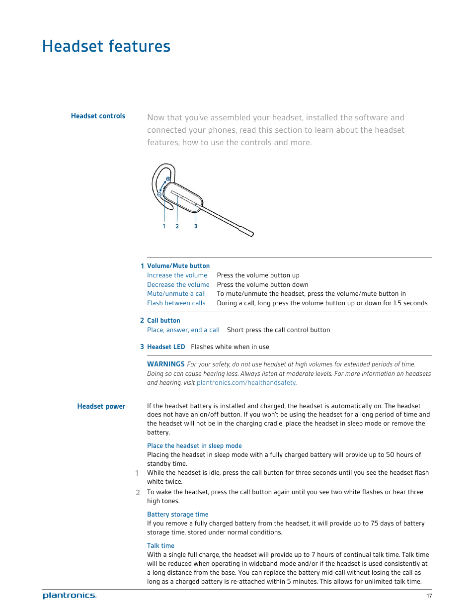 Headset features, Headset controls, Headset power | Place the headset in sleep mode, Battery storage time, Talk time | Plantronics Savi W745 User Manual | Page 17 / 38