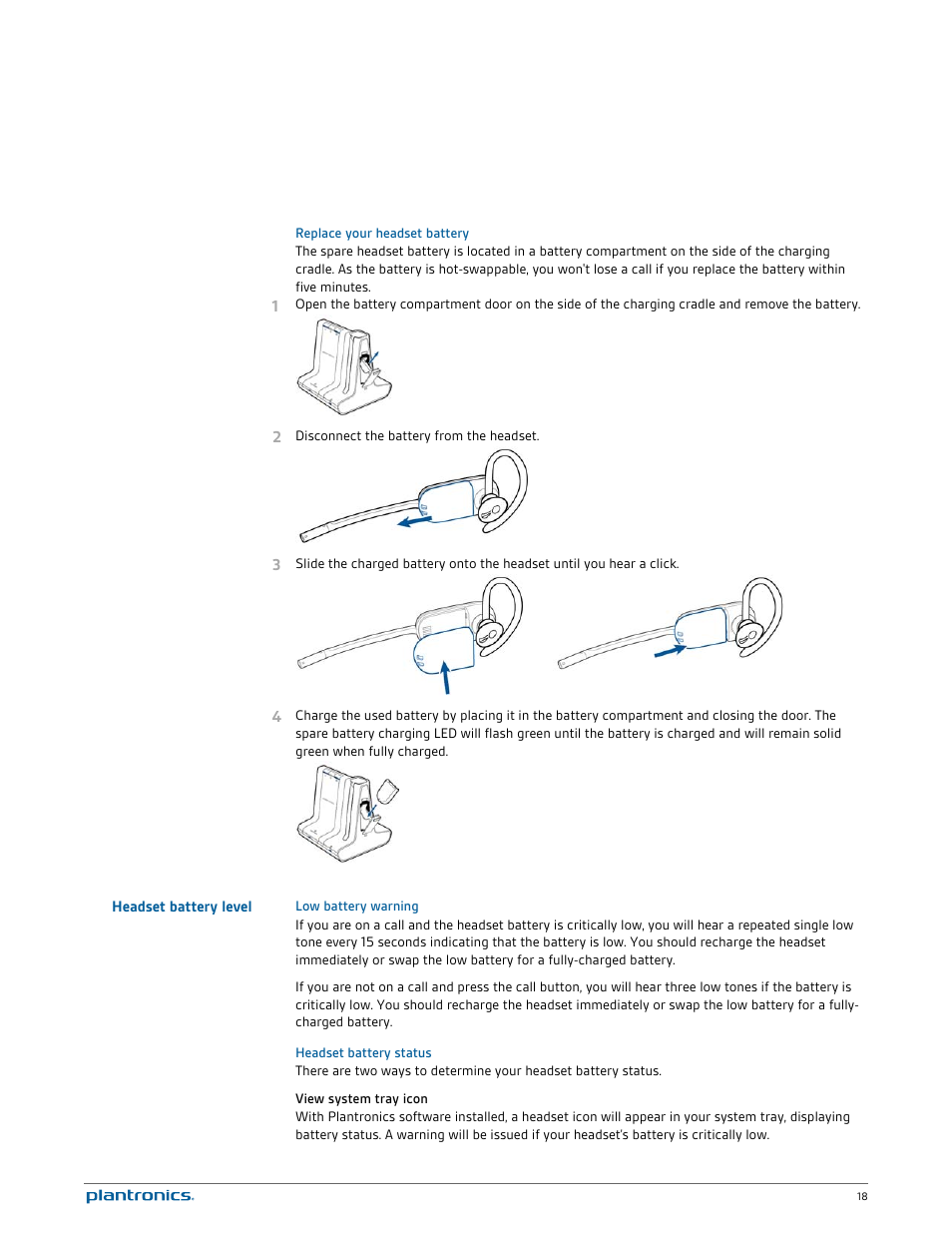 Replace your headset battery, Headset battery level, Low battery warning | Headset battery status, View system tray icon | Plantronics Savi W745 User Manual | Page 18 / 38