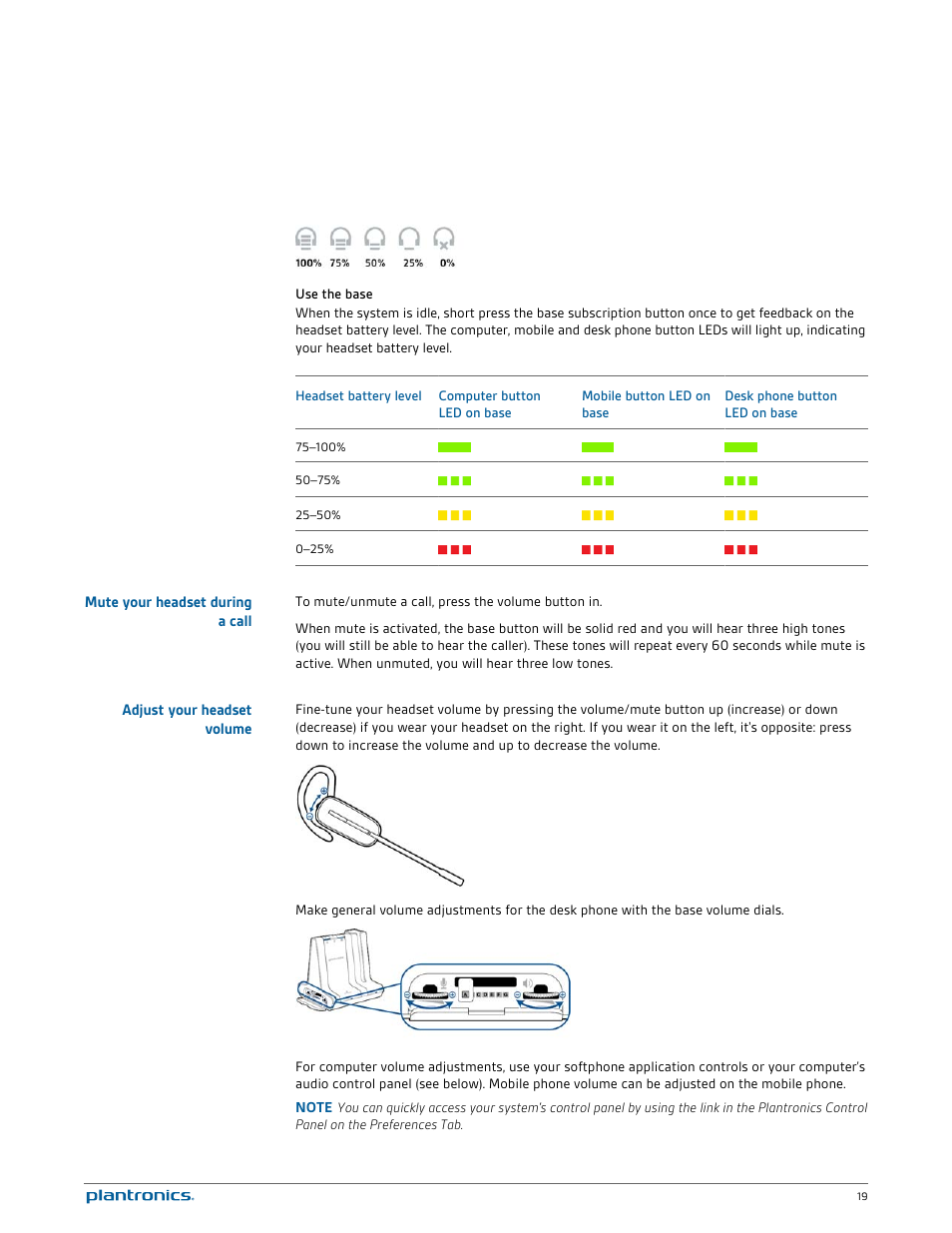 Use the base, Mute your headset during a call, Adjust your headset volume | Plantronics Savi W745 User Manual | Page 19 / 38