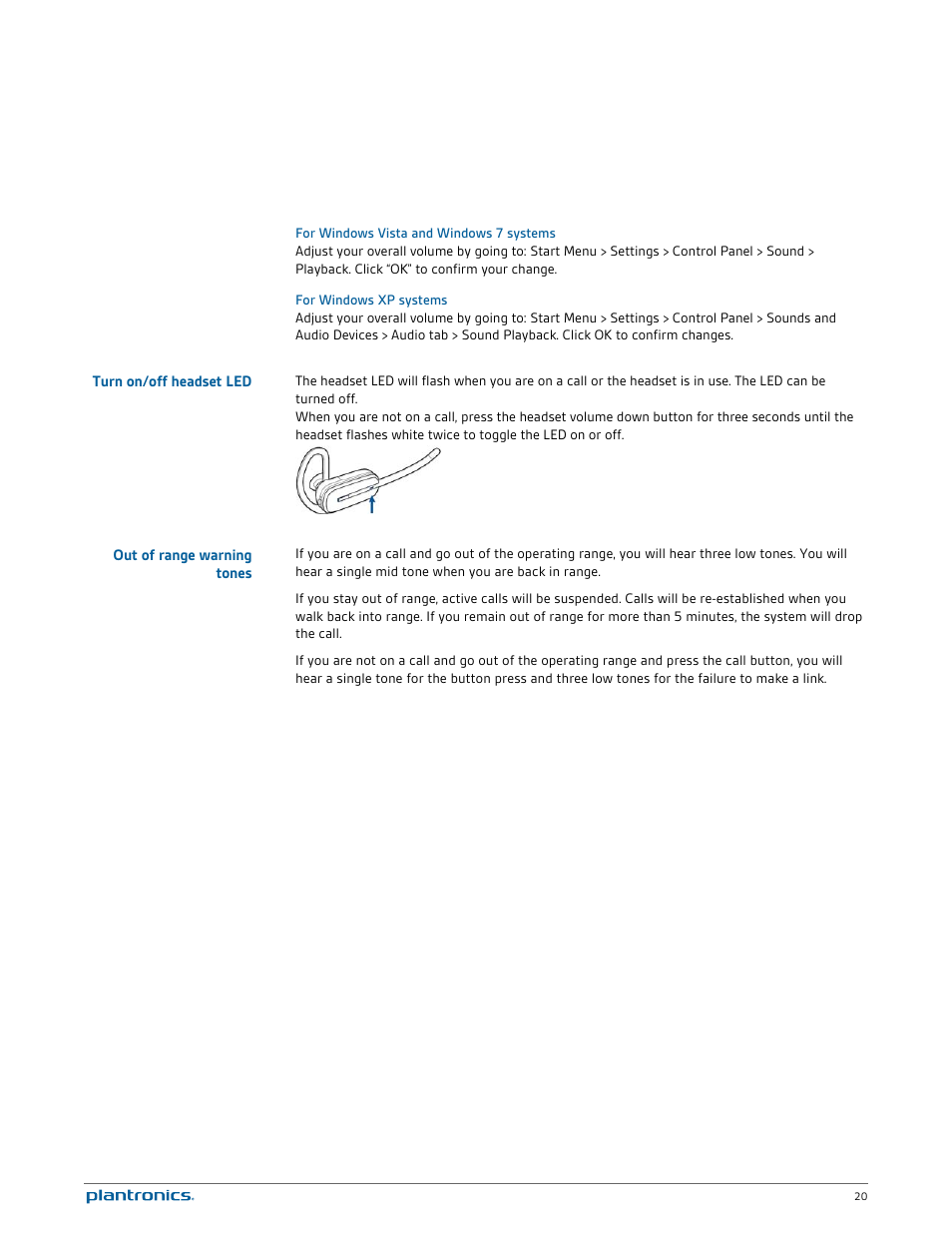 For windows vista and windows 7 systems, For windows xp systems, Turn on/off headset led | Out of range warning tones | Plantronics Savi W745 User Manual | Page 20 / 38