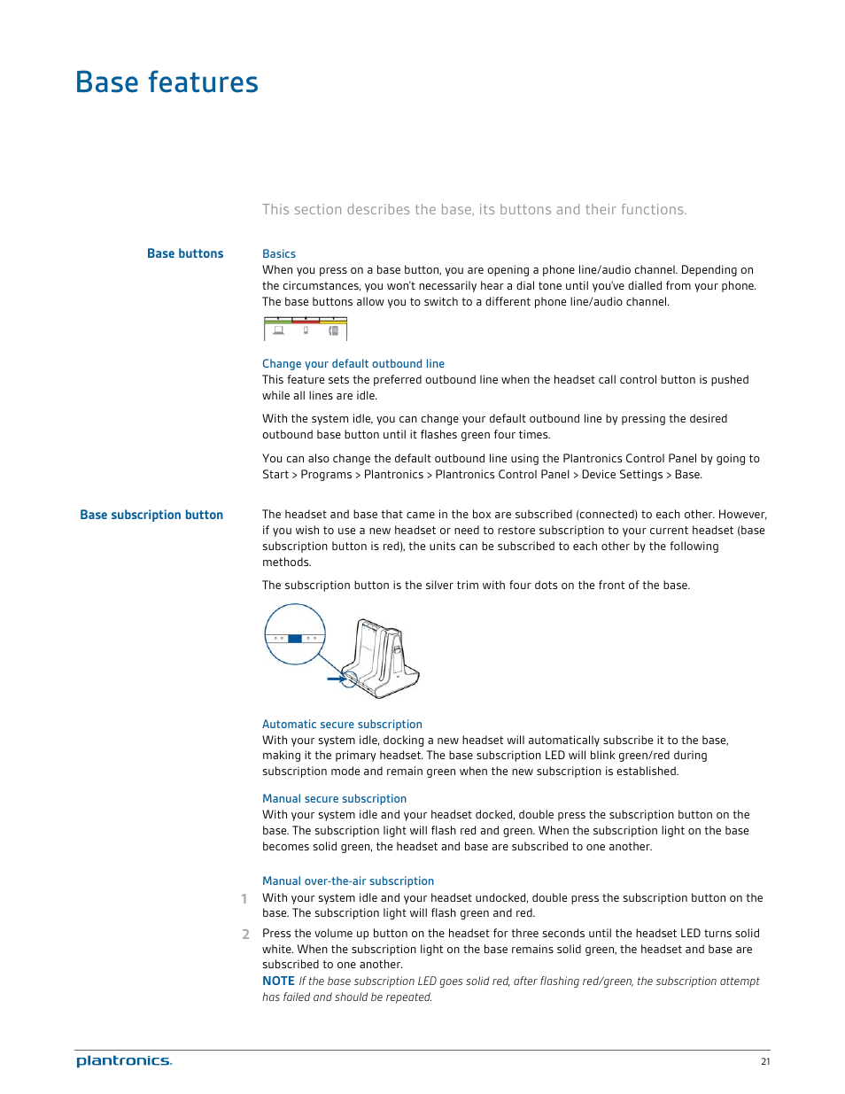 Base features, Base buttons, Basics | Change your default outbound line, Base subscription button, Automatic secure subscription, Manual secure subscription, Manual over-the-air subscription | Plantronics Savi W745 User Manual | Page 21 / 38