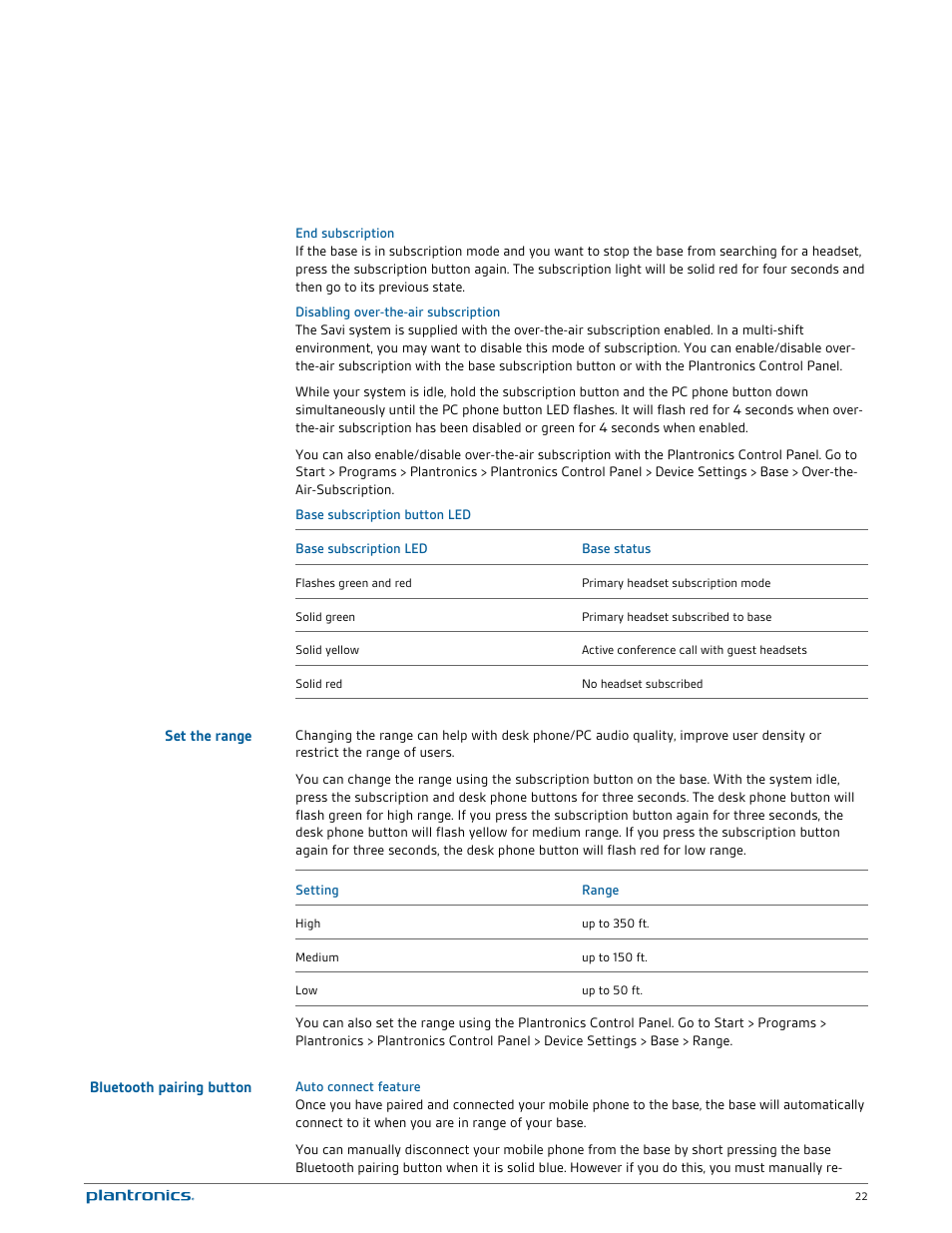 End subscription, Disabling over-the-air subscription, Base subscription button led | Set the range, Bluetooth pairing button, Auto connect feature | Plantronics Savi W745 User Manual | Page 22 / 38