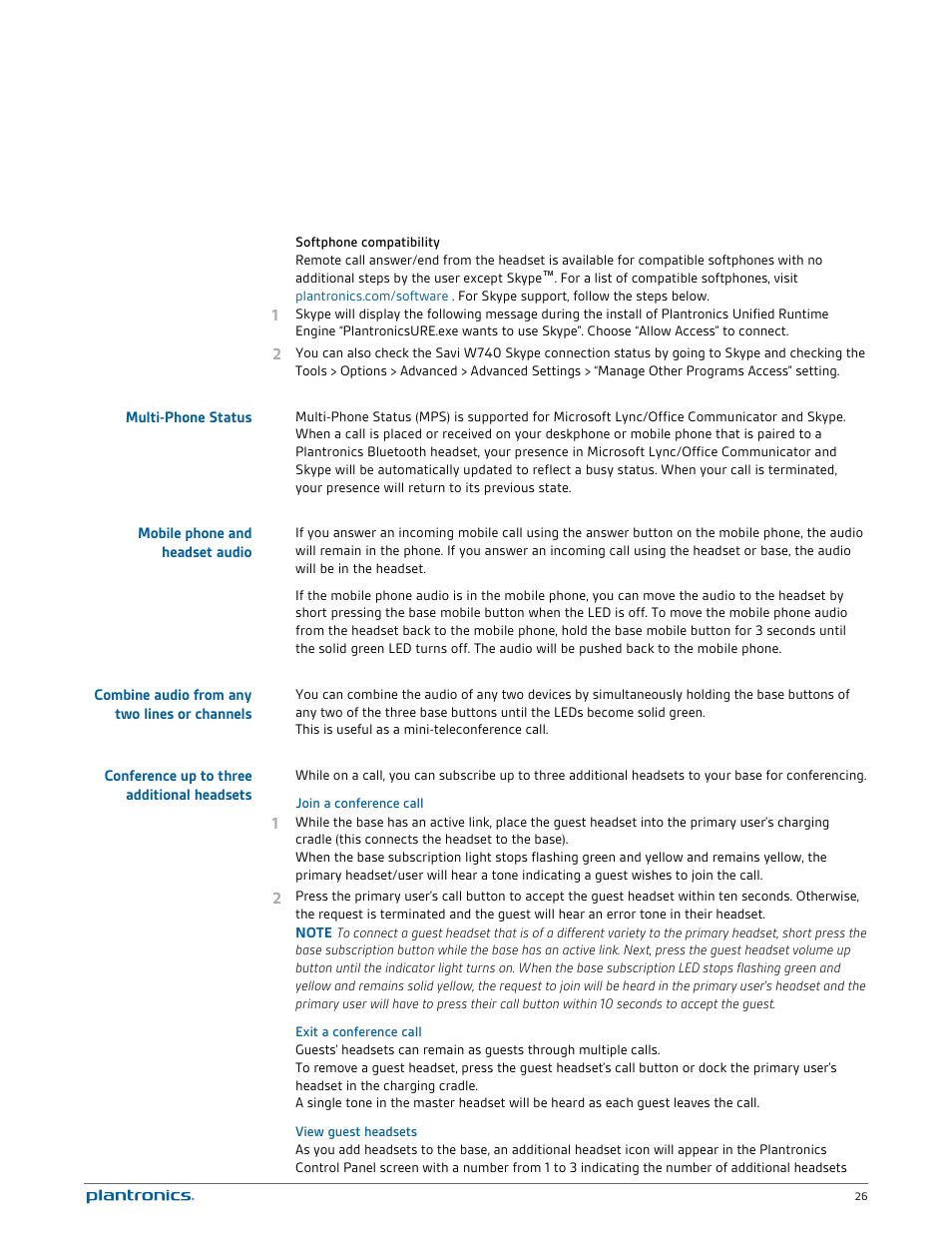 Softphone compatibility, Multi-phone status, Mobile phone and headset audio | Combine audio from any two lines or channels, Conference up to three additional headsets, Join a conference call, Exit a conference call, View guest headsets | Plantronics Savi W745 User Manual | Page 26 / 38