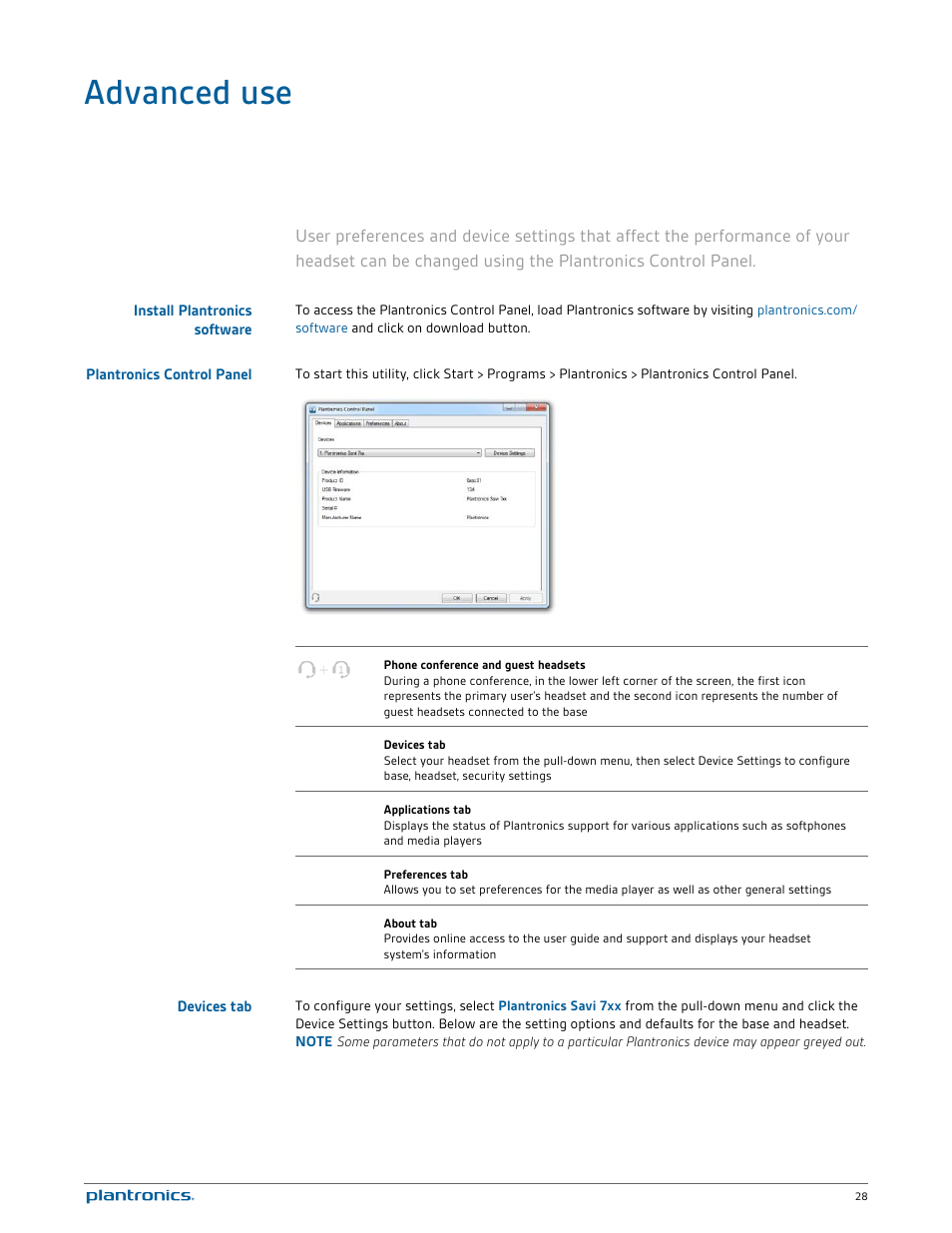 Advanced use, Install plantronics software, Plantronics control panel | Devices tab | Plantronics Savi W745 User Manual | Page 28 / 38