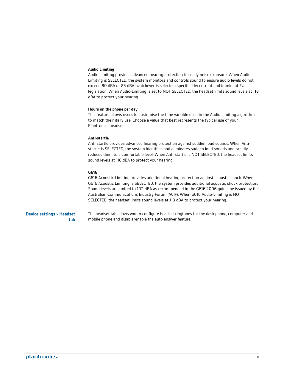 Device settings > headset tab | Plantronics Savi W745 User Manual | Page 31 / 38