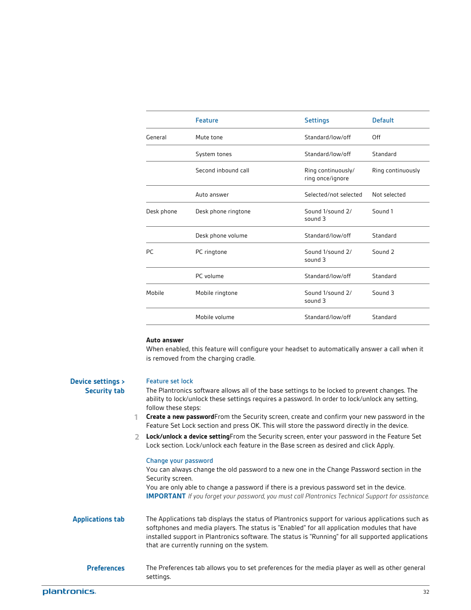 Device settings > security tab, Feature set lock, Change your password | Applications tab, Preferences | Plantronics Savi W745 User Manual | Page 32 / 38