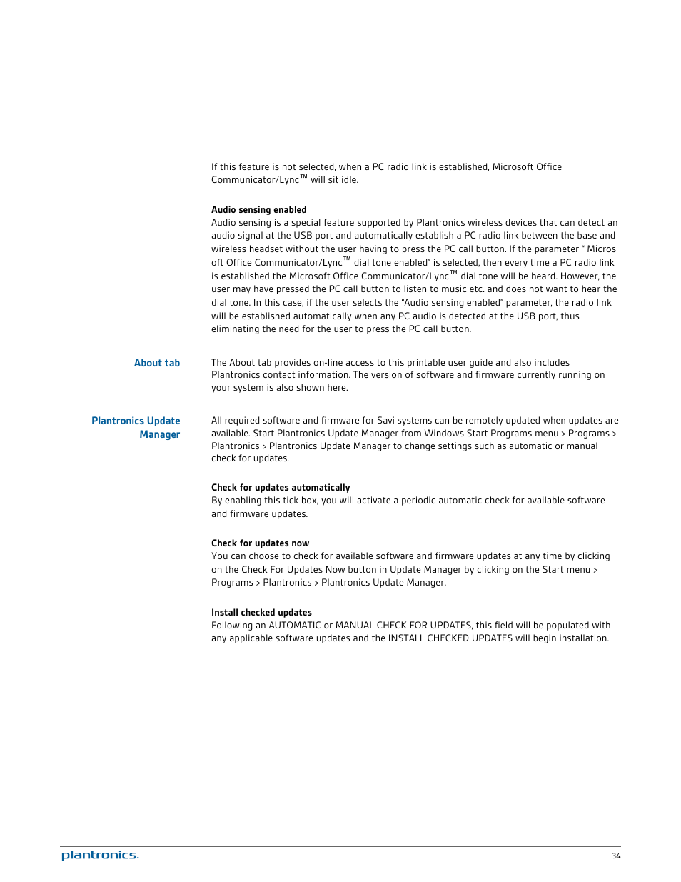 About tab, Plantronics update manager | Plantronics Savi W745 User Manual | Page 34 / 38