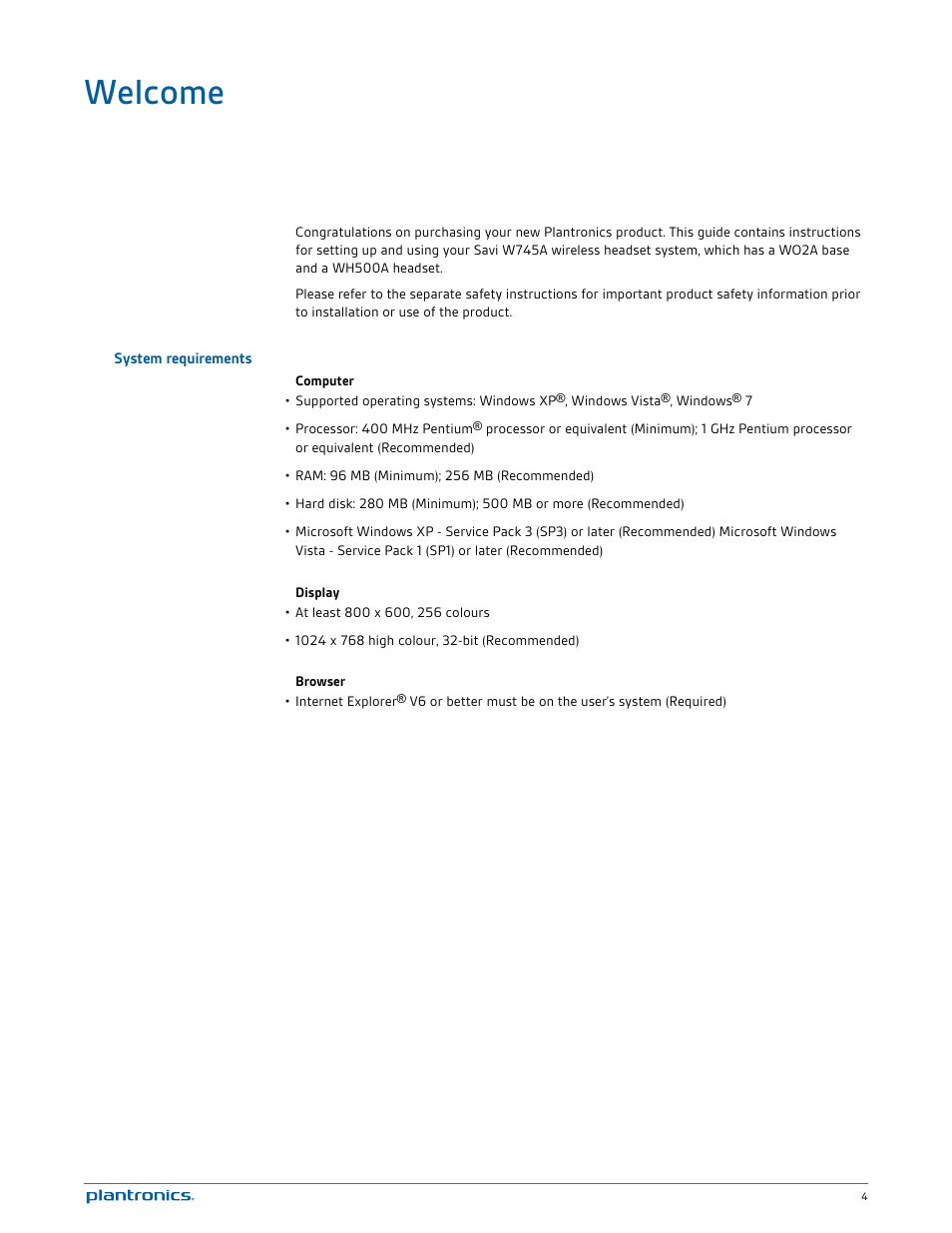 Welcome, System requirements | Plantronics Savi W745 User Manual | Page 4 / 38