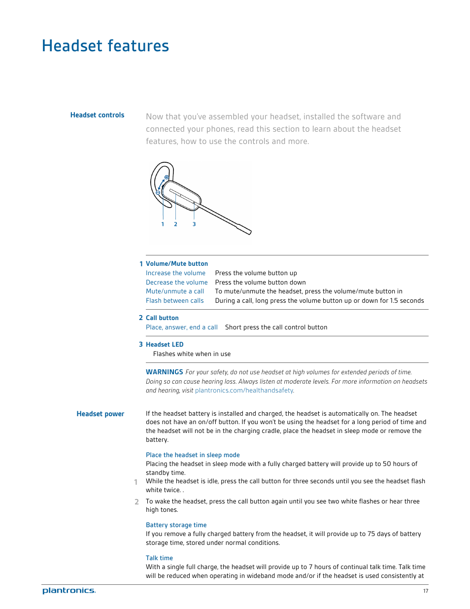 Headset features, Headset controls, Headset power | Place the headset in sleep mode, Battery storage time, Talk time | Plantronics Savi W740-M User Manual | Page 17 / 38