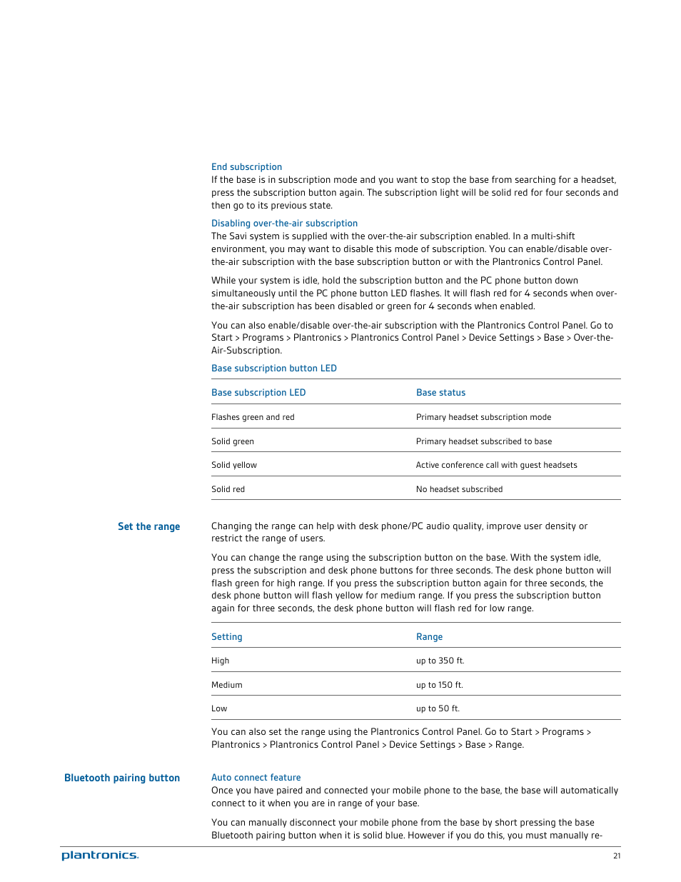 End subscription, Disabling over-the-air subscription, Base subscription button led | Set the range, Bluetooth pairing button, Auto connect feature | Plantronics Savi W740-M User Manual | Page 21 / 38