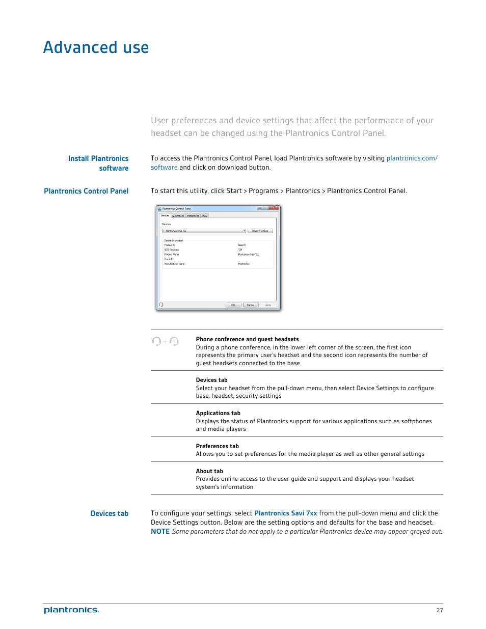 Advanced use, Install plantronics software, Plantronics control panel | Devices tab | Plantronics Savi W740-M User Manual | Page 27 / 38