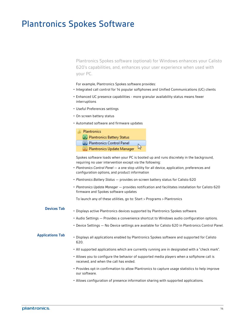 Plantronics spokes software, Devices tab, Applications tab | Plantronics Calisto 620 User Manual | Page 14 / 18