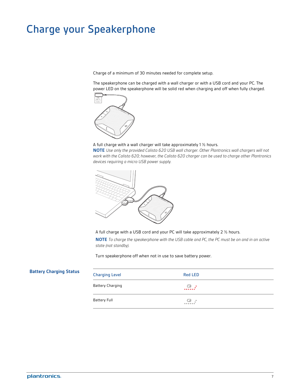 Charge your speakerphone, Battery charging status | Plantronics Calisto 620 User Manual | Page 7 / 18