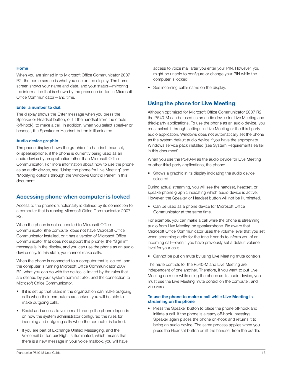 Accessing phone when computer is locked, Using the phone for live meeting | Plantronics Calisto 540 User Manual | Page 13 / 16