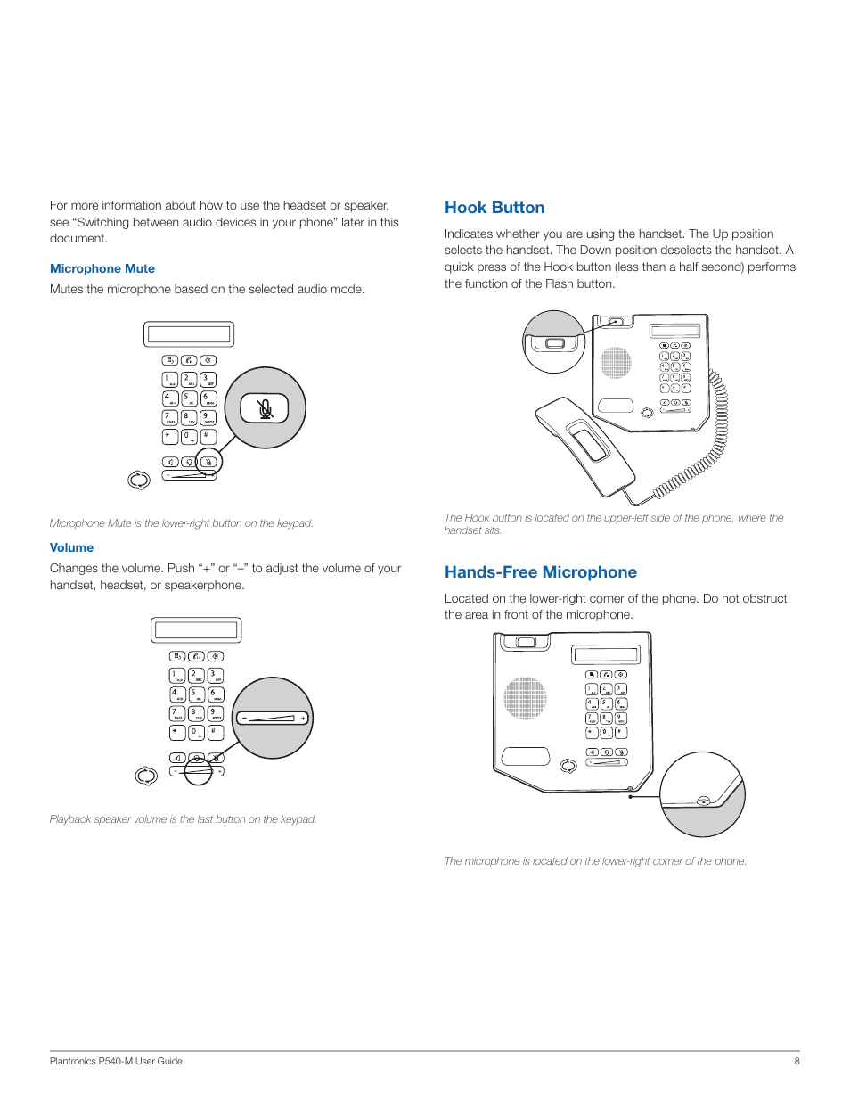 Hook button, Hands-free microphone | Plantronics Calisto 540 User Manual | Page 8 / 16