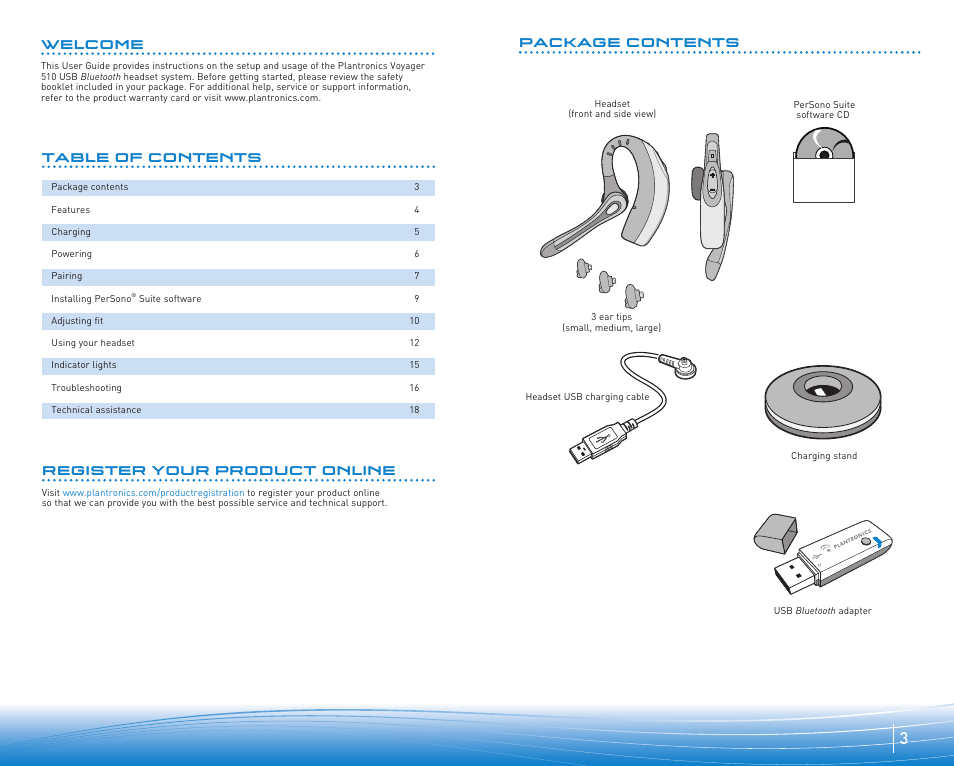 Register your product online, Table of contents package contents, Welcome | Plantronics Voyager 510-USB User Manual | Page 2 / 10