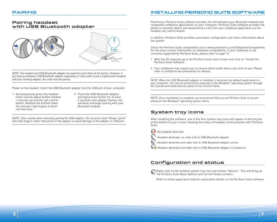 Configuration and status, Pairing pairing headset with usb bluetooth adapter, Installing persono suite software | System tray icons | Plantronics Voyager 510-USB User Manual | Page 5 / 10