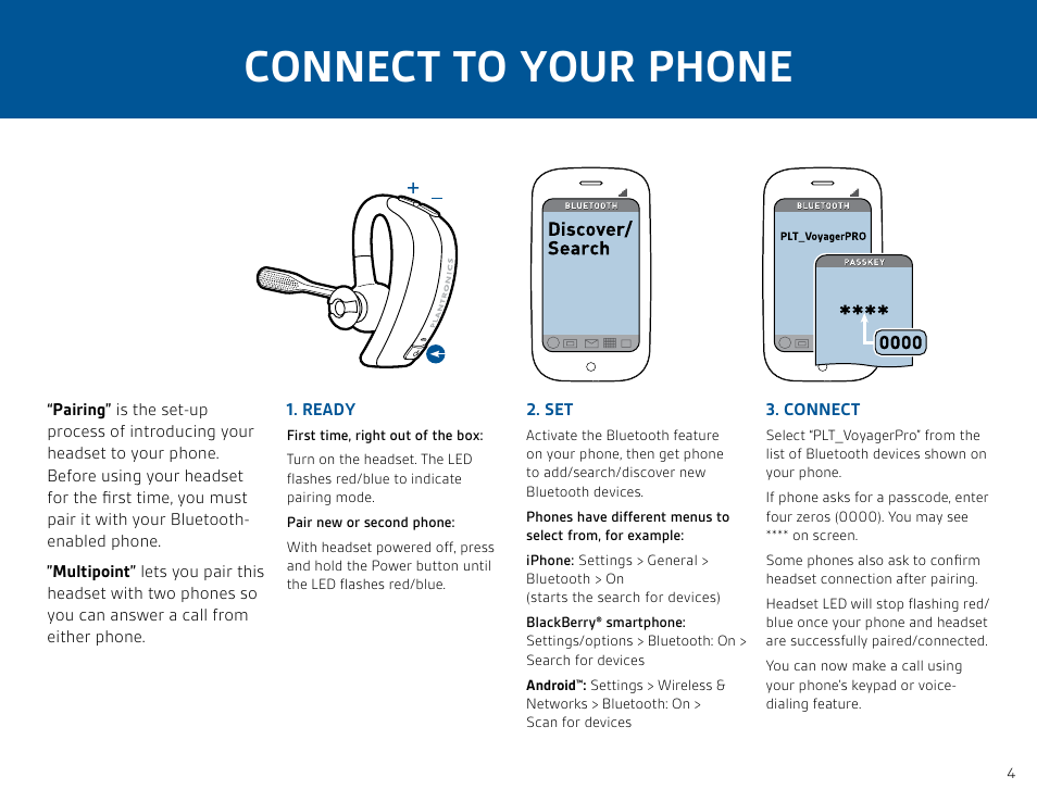 Connect to your phone | Plantronics Voyager PRO HD User Manual | Page 4 / 11