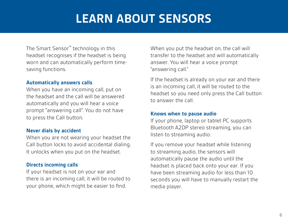 Learn about sensors | Plantronics Voyager PRO HD User Manual | Page 6 / 11