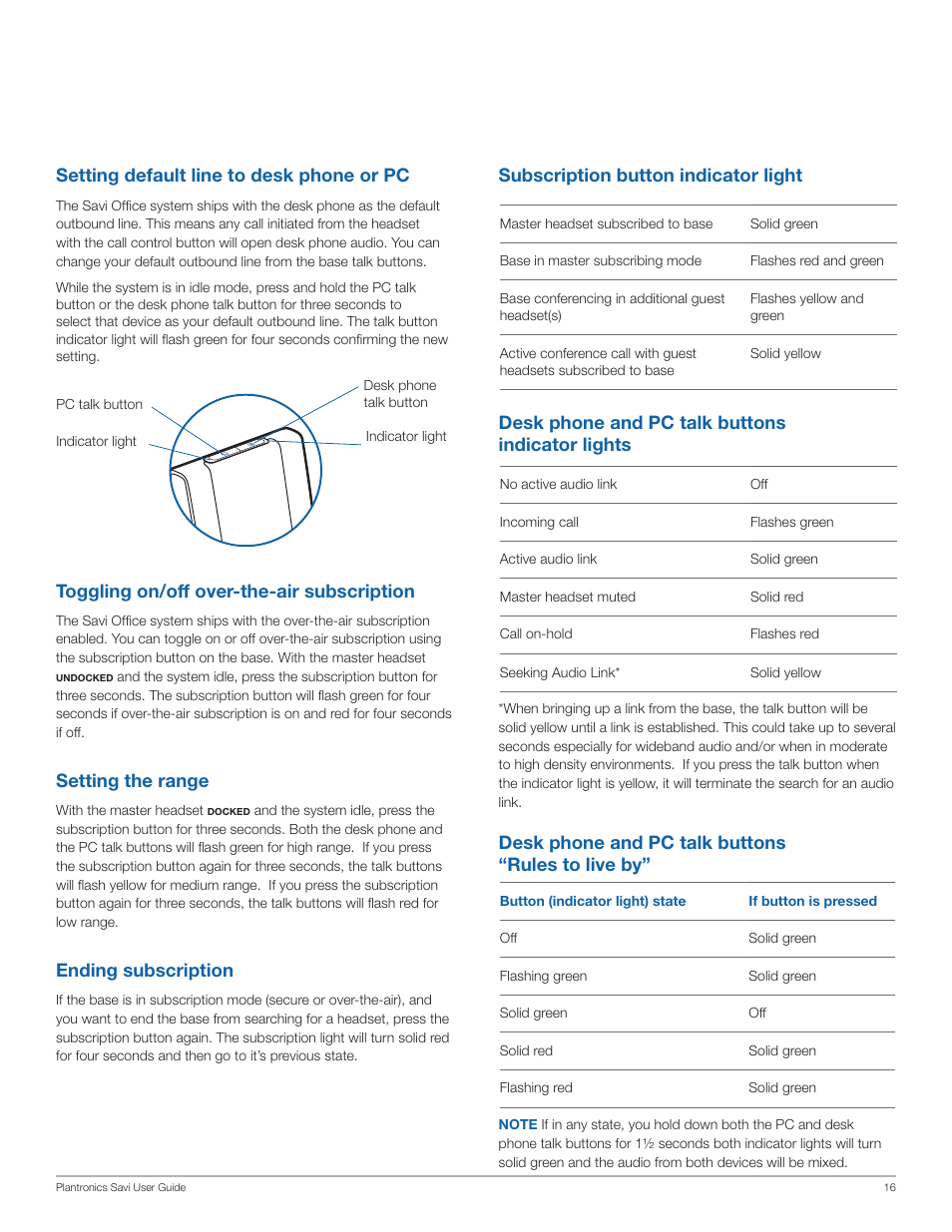 Toggling on/off over-the-air subscription, Setting the range, Ending subscription | Setting default line to desk phone or pc, Subscription button indicator light, Desk phone and pc talk buttons indicator lights, Desk phone and pc talk buttons “rules to live by | Plantronics Savi Office WO350 User Manual | Page 16 / 25