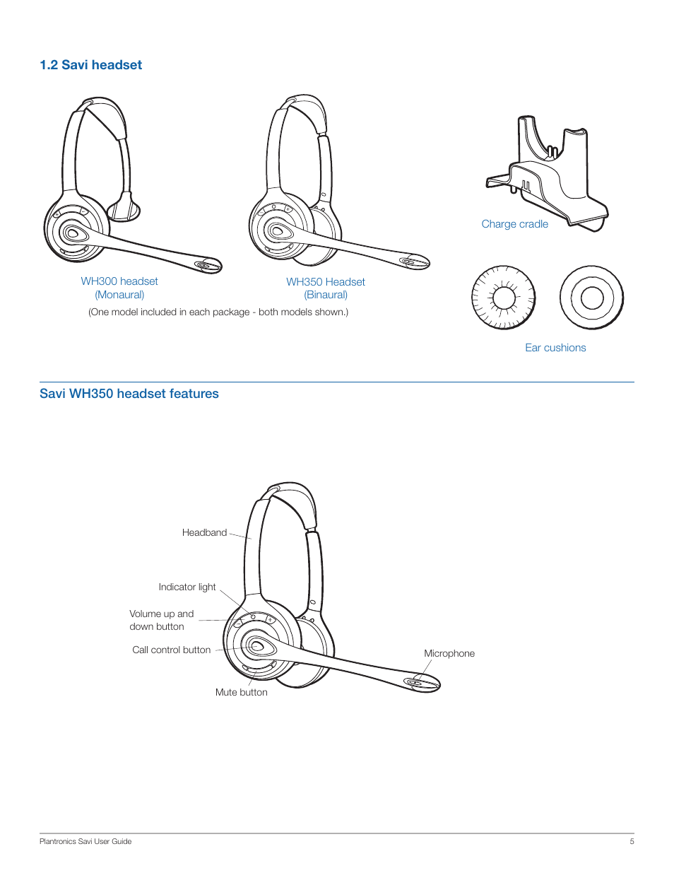 2 savi headset, Savi wh350 headset features | Plantronics Savi Office WO350 User Manual | Page 5 / 25