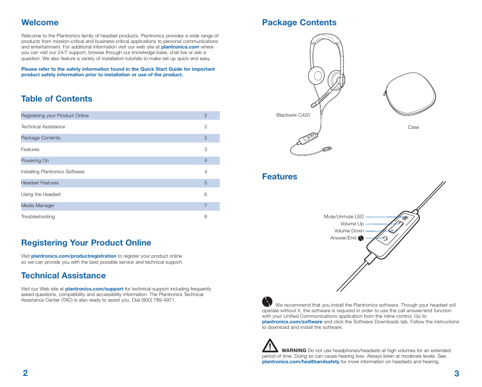Registering your product online, Technical assistance, Table of contents welcome | Features package contents 3 2 | Plantronics Blackwire 420 User Manual | Page 2 / 5