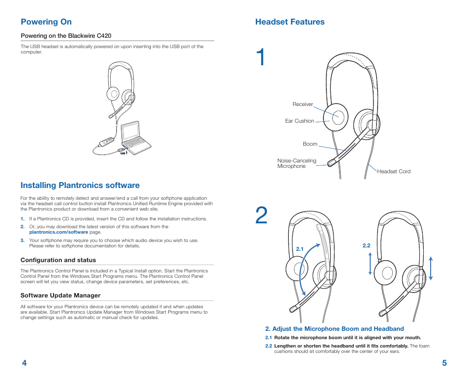 Installing plantronics software, Powering on, Headset features | Plantronics Blackwire 420 User Manual | Page 3 / 5