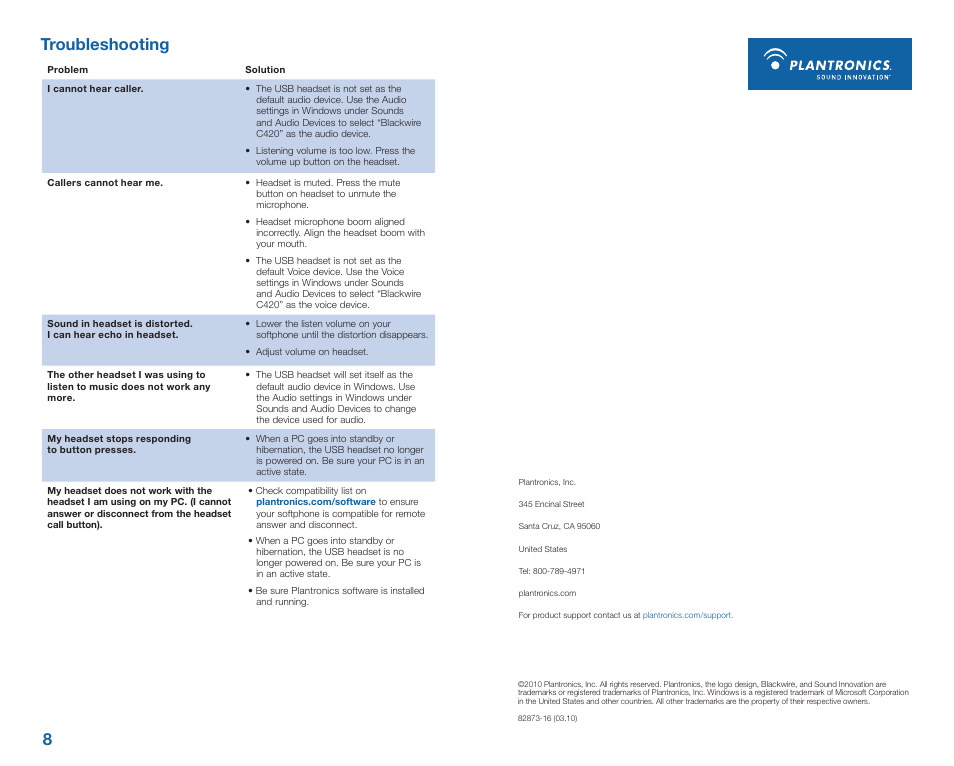 Troubleshooting 8 | Plantronics Blackwire 420 User Manual | Page 5 / 5