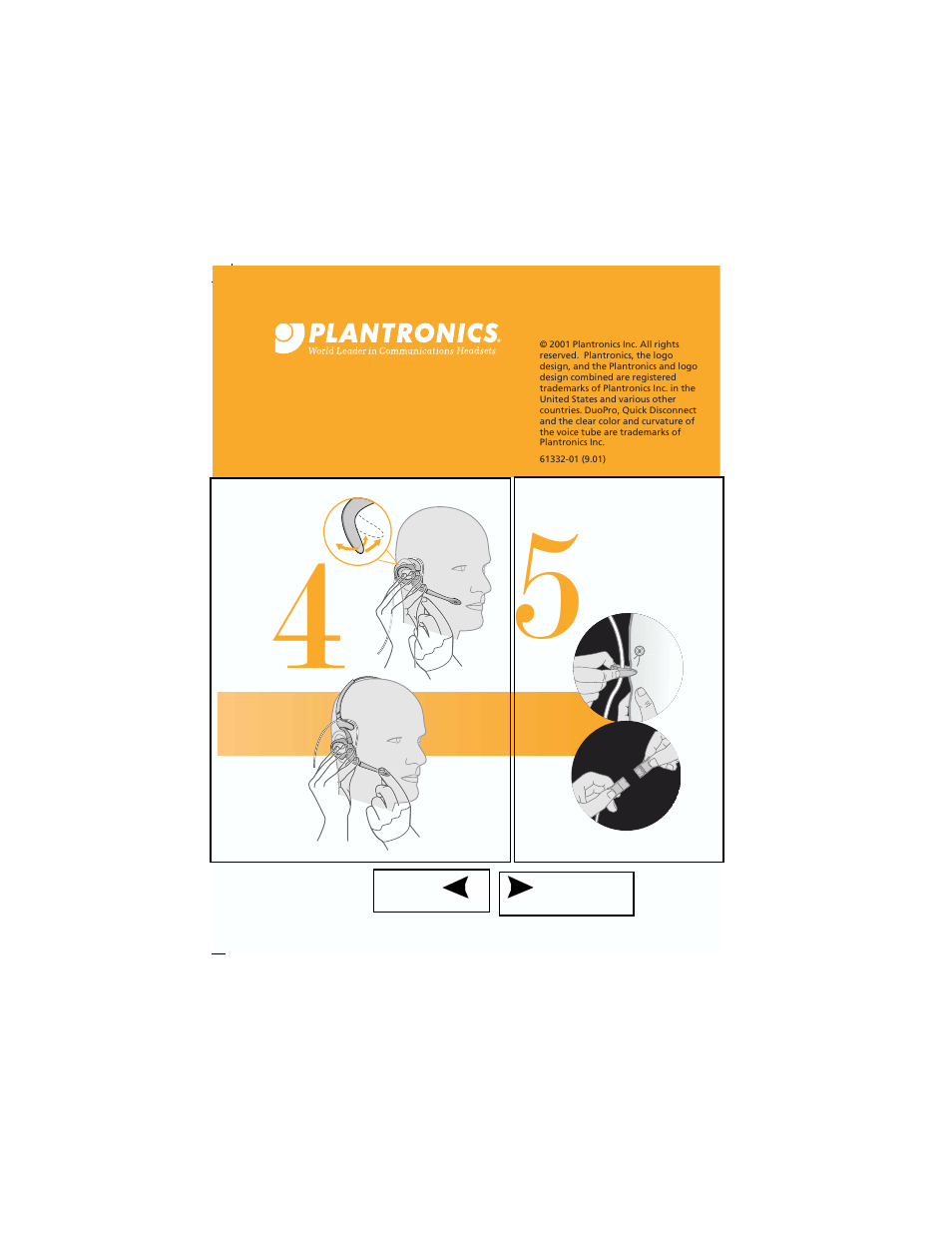 In both configurations, the end of the boom should, Additional features, Clothing clip | Quick disconnect™ connector | Plantronics DuoPro User Manual | Page 15 / 18