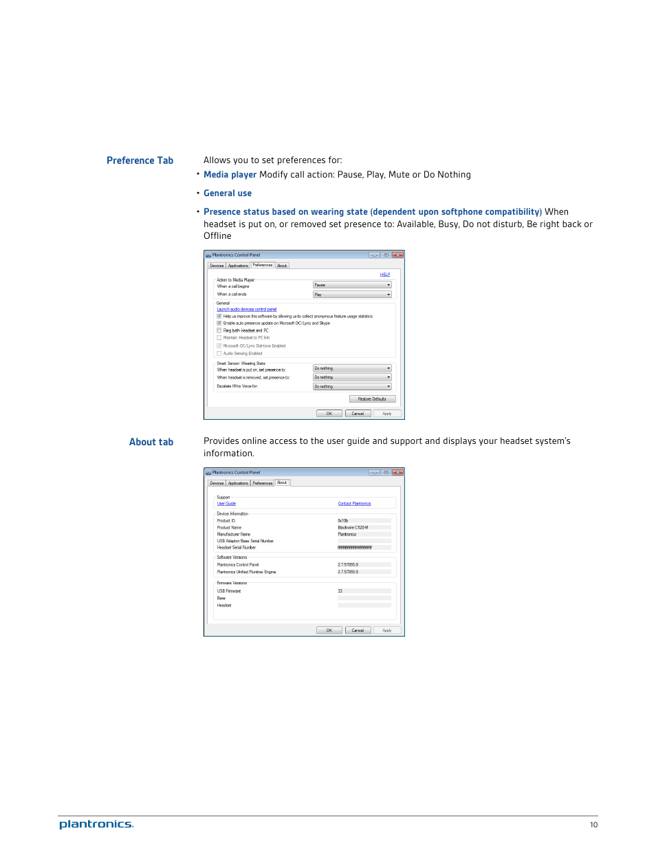 Preference tab, About tab | Plantronics Blackwire C520 User Manual | Page 10 / 14