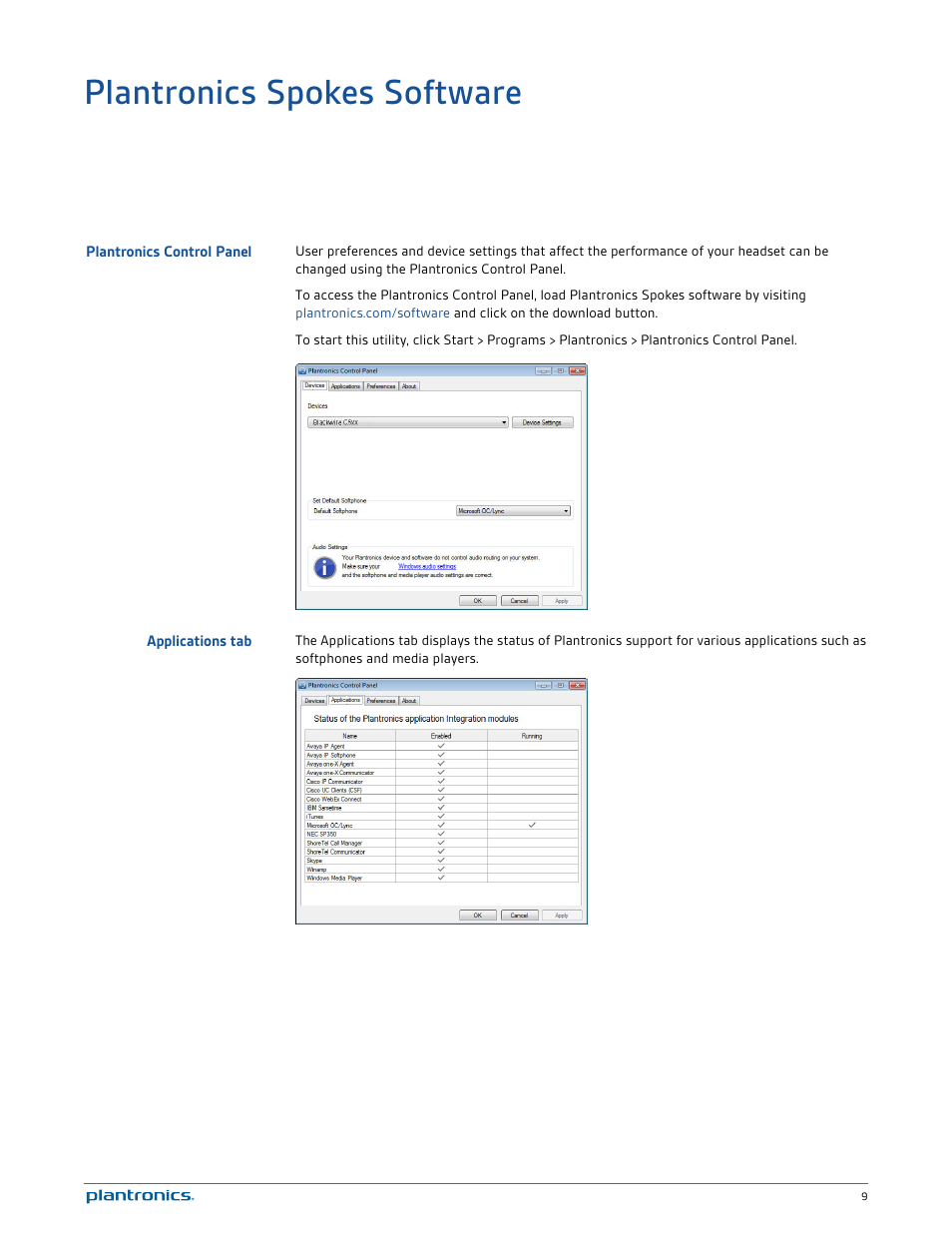 Plantronics spokes software, Plantronics control panel, Applications tab | Plantronics Blackwire C520 User Manual | Page 9 / 14