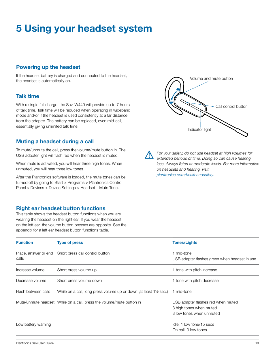 5 using your headset system | Plantronics Savi W440 User Manual | Page 10 / 22