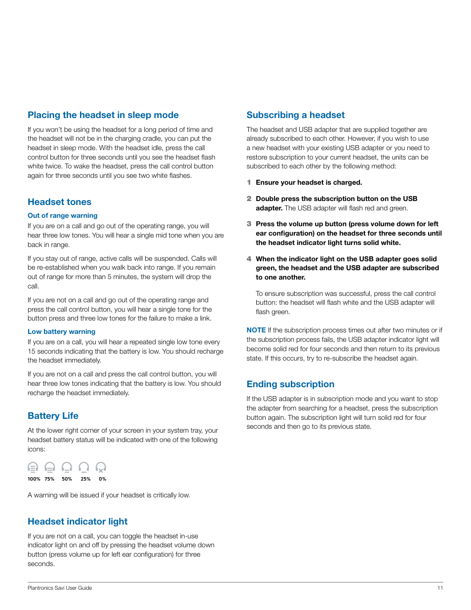 Placing the headset in sleep mode, Headset tones, Battery life | Headset indicator light, Subscribing a headset, Ending subscription | Plantronics Savi W440 User Manual | Page 11 / 22