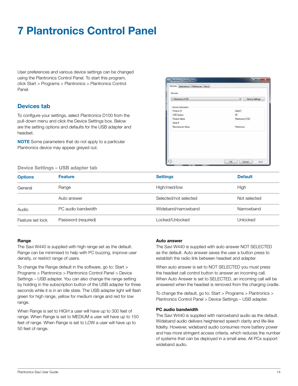 7 plantronics control panel, Devices tab | Plantronics Savi W440 User Manual | Page 14 / 22