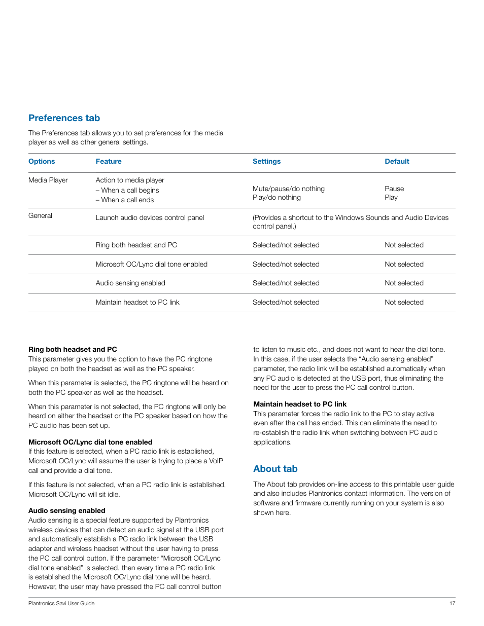 Preferences tab, About tab | Plantronics Savi W440 User Manual | Page 17 / 22