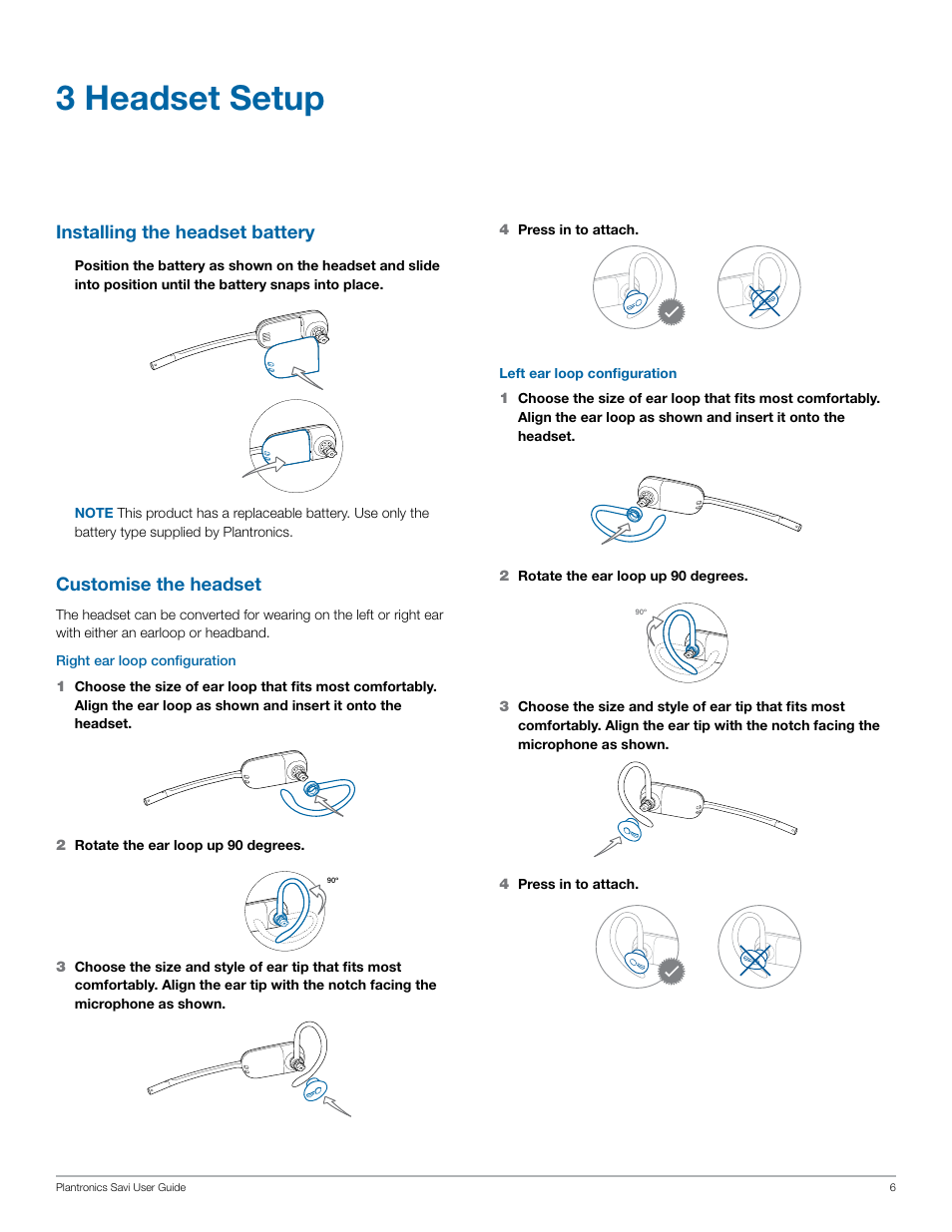 3 headset setup, Installing the headset battery, Customise the headset | Plantronics Savi W440 User Manual | Page 6 / 22