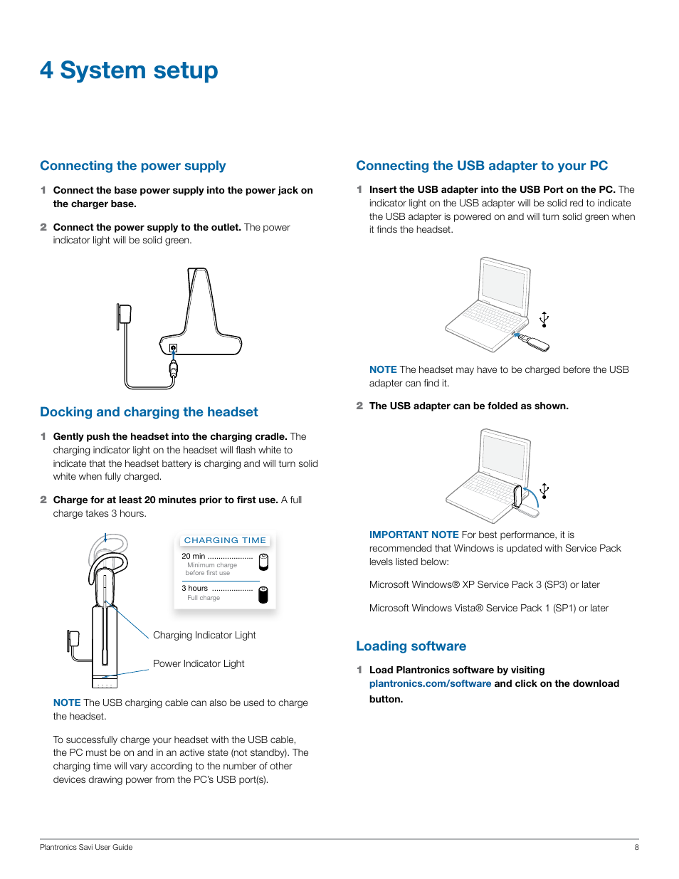 4 system setup, Connecting the power supply, Docking and charging the headset | Connecting the usb adapter to your pc, Loading software | Plantronics Savi W440 User Manual | Page 8 / 22