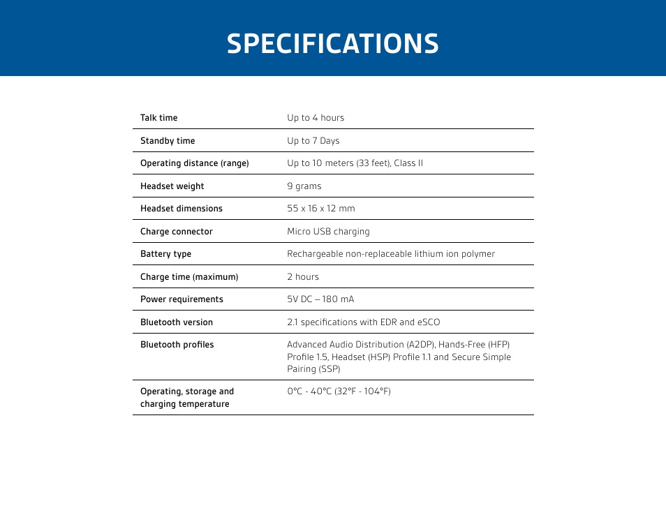 Specifications | Plantronics Savor M1100 User Manual | Page 10 / 12