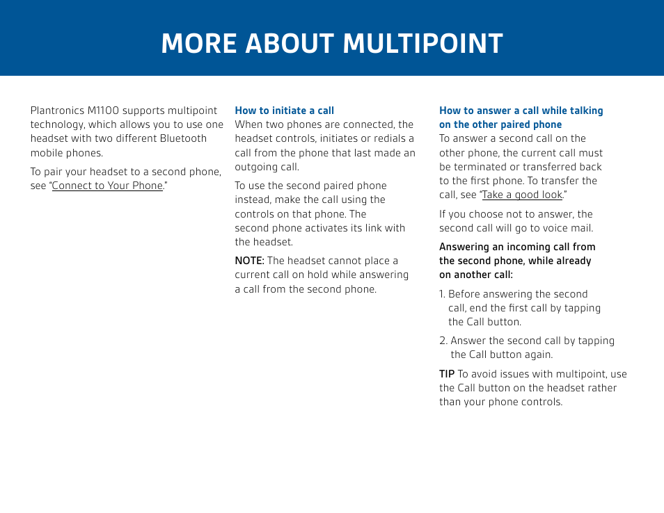 More about multipoint | Plantronics Savor M1100 User Manual | Page 6 / 12