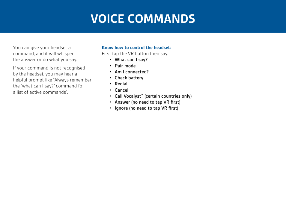 Voice commands | Plantronics Savor M1100 User Manual | Page 8 / 12