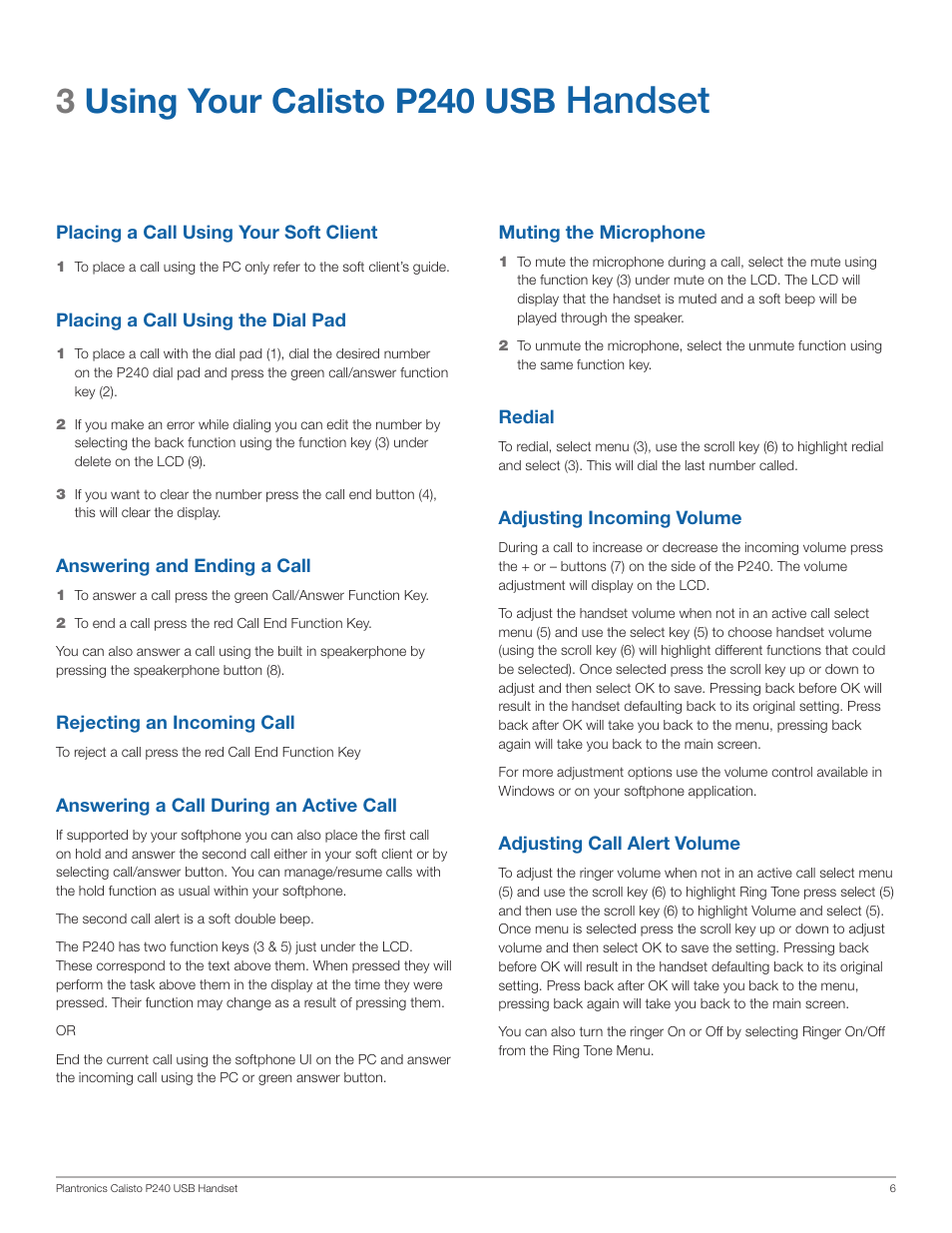 Handset, 3using your calisto p240 usb | Plantronics Calisto 240 User Manual | Page 6 / 9