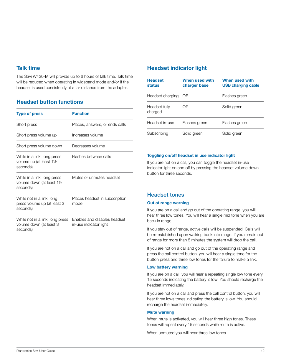 Headset indicator light, Headset tones, Headset button functions talk time | Plantronics Savi W430-M User Manual | Page 12 / 19