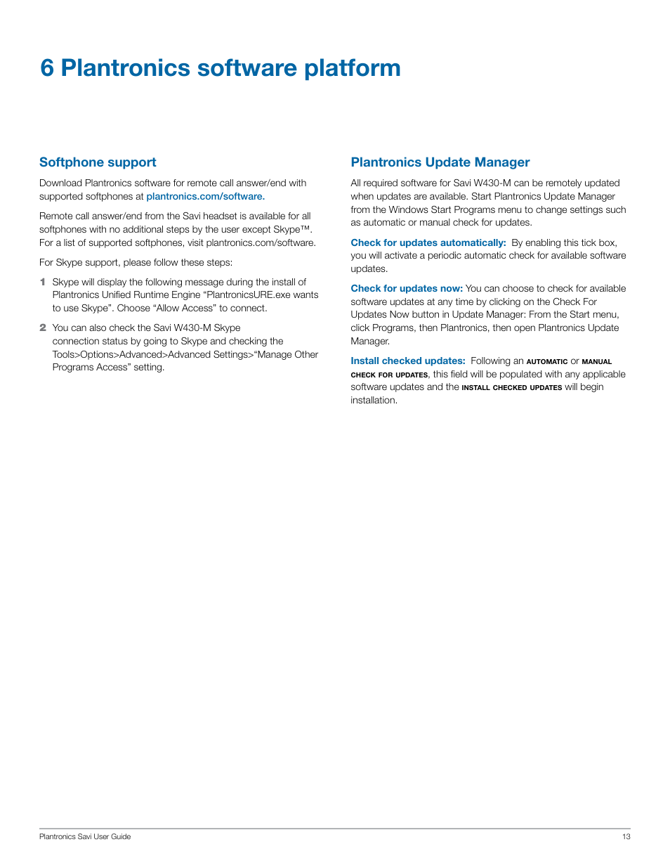 6 plantronics software platform, Softphone support, Plantronics update manager | Plantronics Savi W430-M User Manual | Page 13 / 19