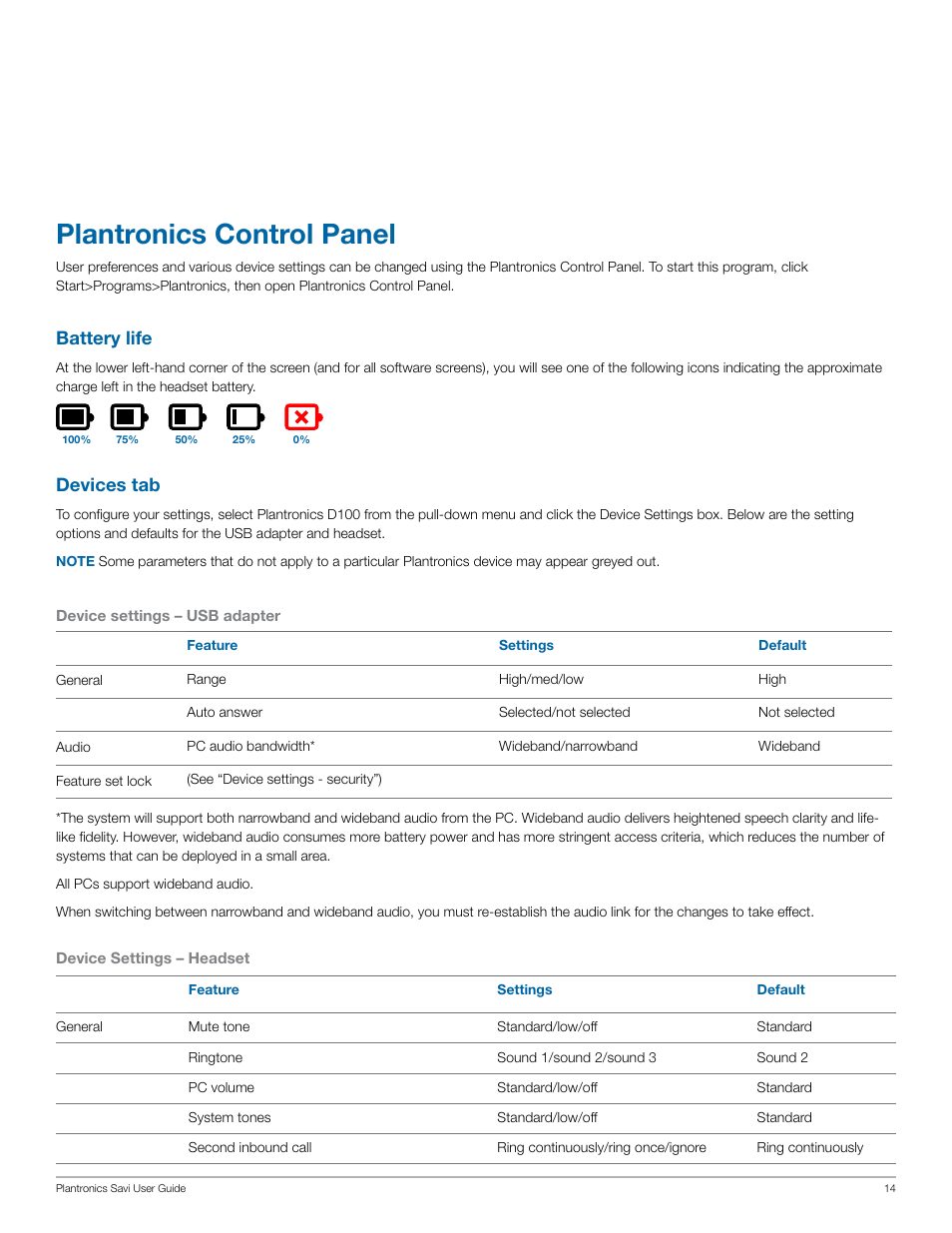 Plantronics control panel, Battery life, Devices tab | Plantronics Savi W430-M User Manual | Page 14 / 19