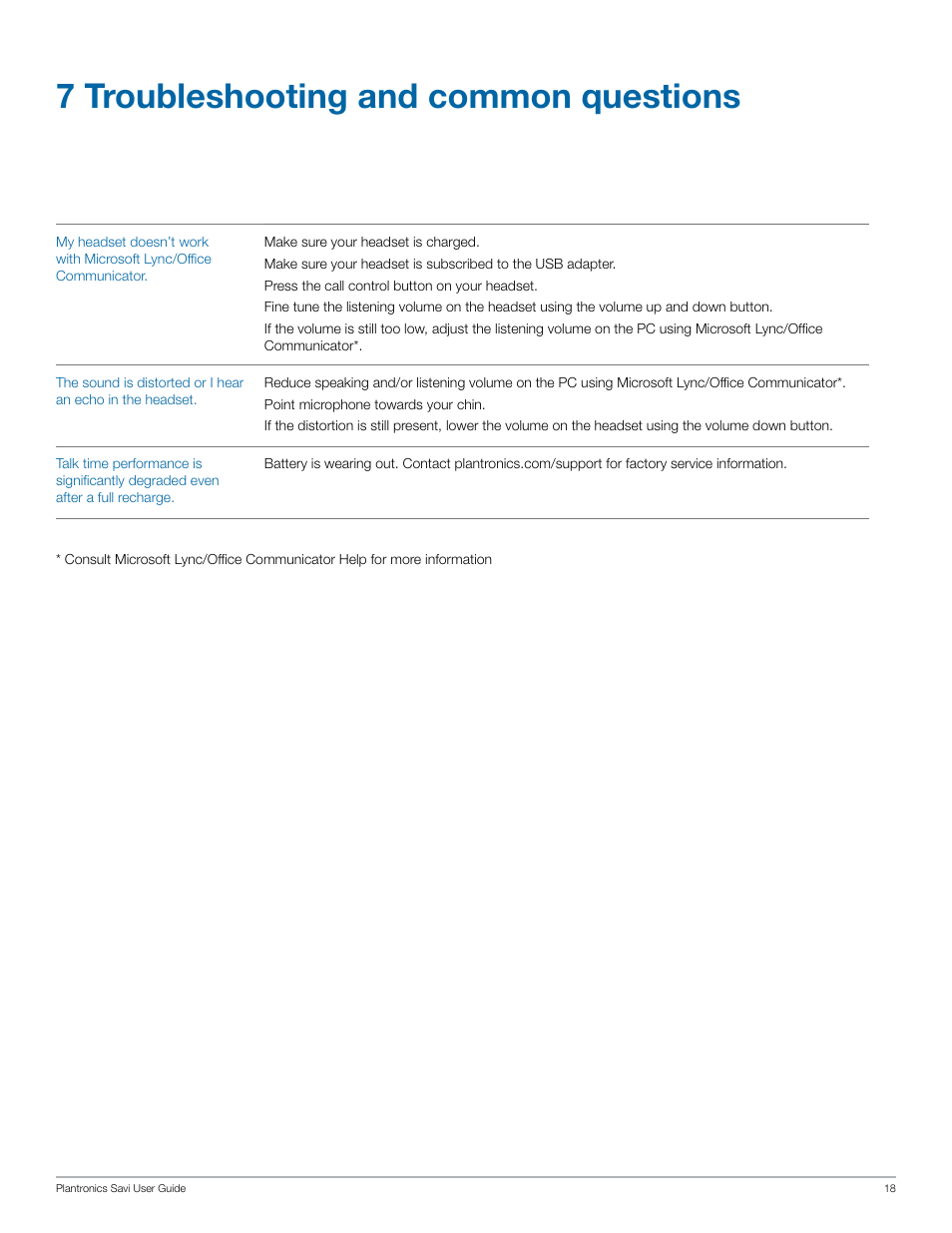 7 troubleshooting and common questions | Plantronics Savi W430-M User Manual | Page 18 / 19